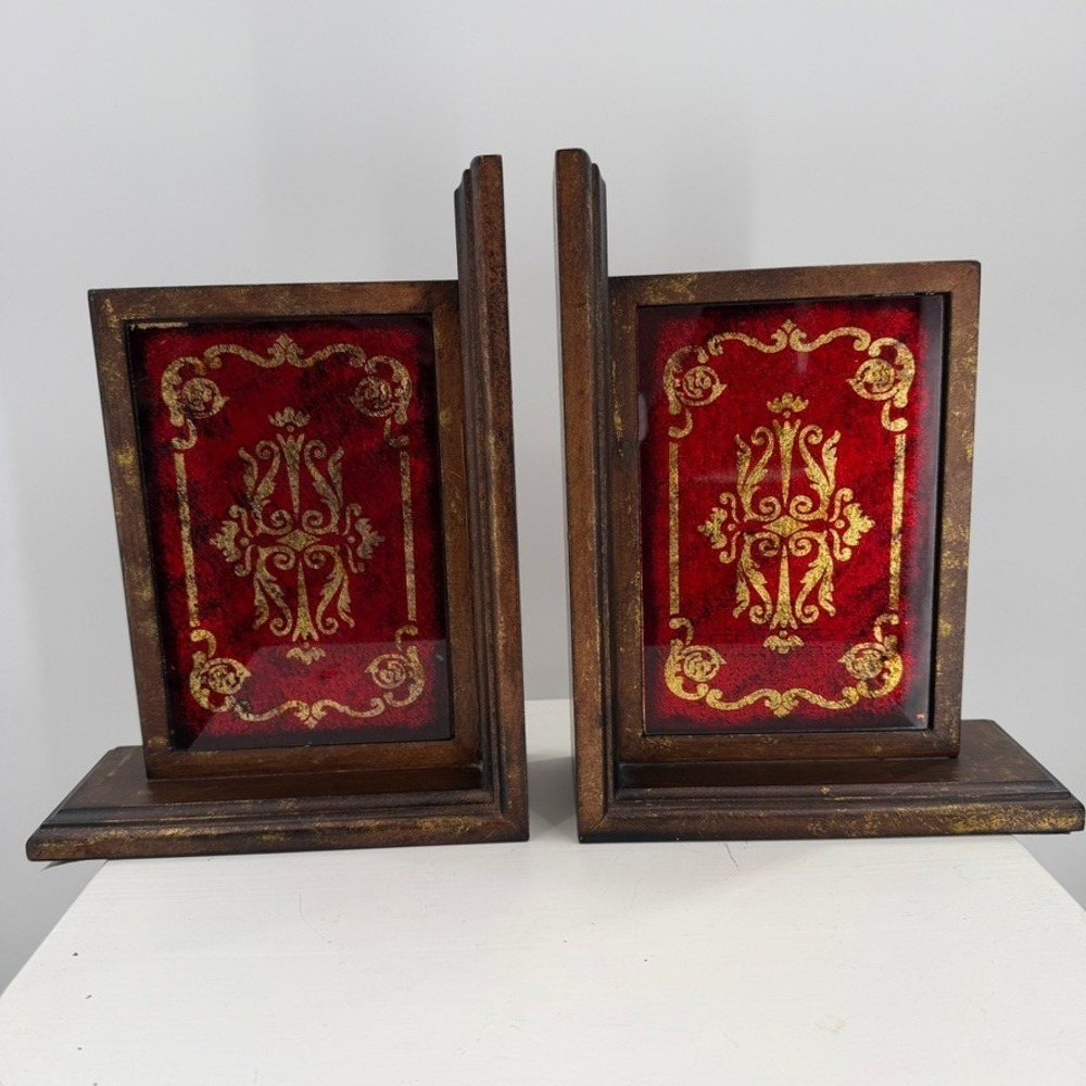 Kirklands Red Gold Bookends Set Ornate Baroque Wood Decorative Shelf Pair